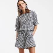 Blouse col rond à carreaux vichy, manches ballon