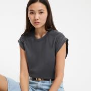 T-shirt col rond sans manches, épaules froncées