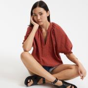 Blouse à carreaux vichy col V, manches bouffantes