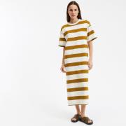 Robe longue rayée boutons épaules, manches courtes