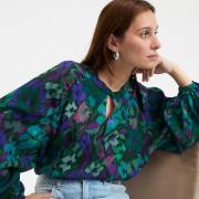 Chemise col mao imprimé floral, manches longues